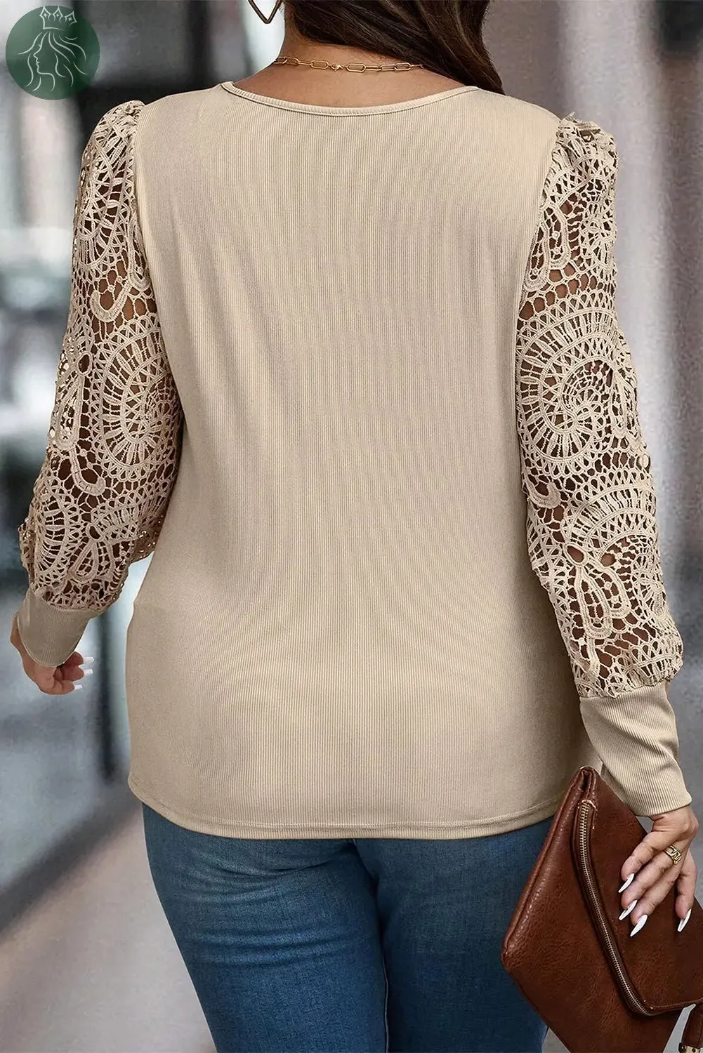 Parchment Plus Hollowed Lace Sleeve Square Neck Ribbed Top