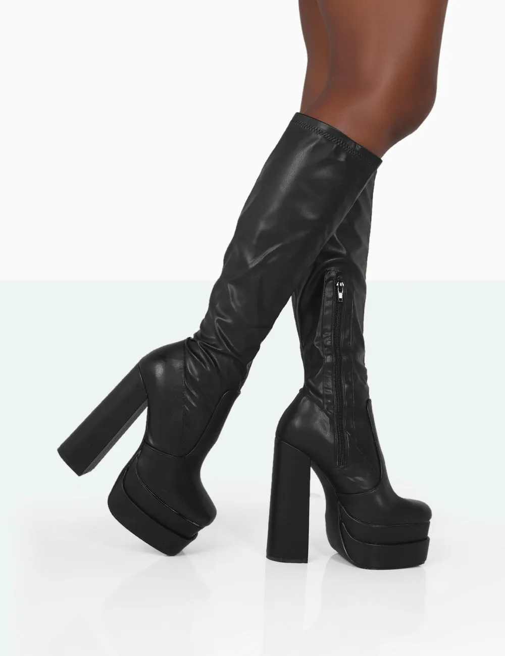 Passive Black PU Square Toe Platform Block High Heel Over The Knee Boots