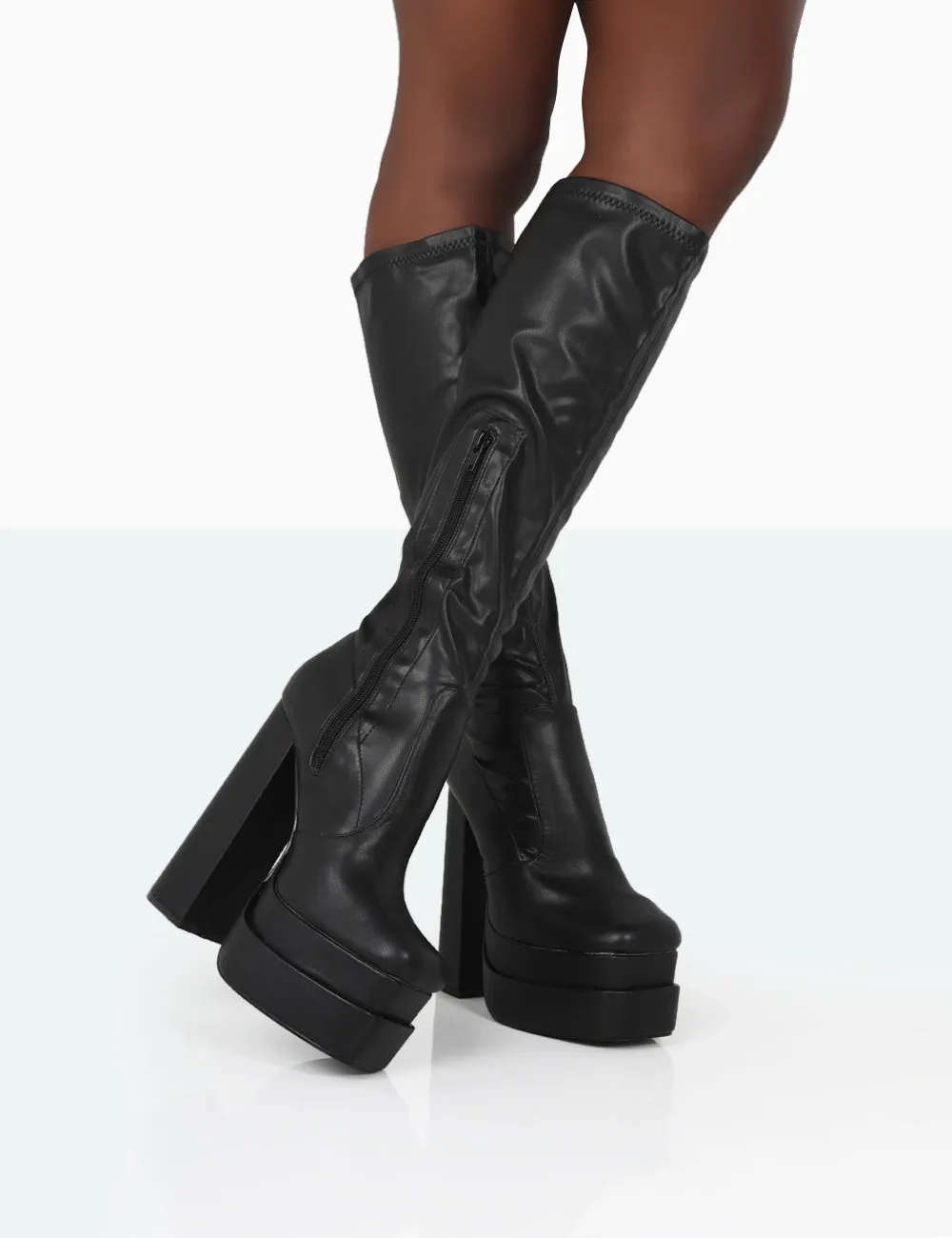 Passive Black PU Square Toe Platform Block High Heel Over The Knee Boots