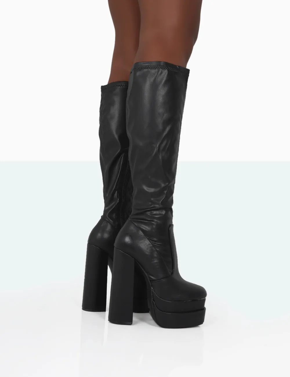 Passive Black PU Square Toe Platform Block High Heel Over The Knee Boots