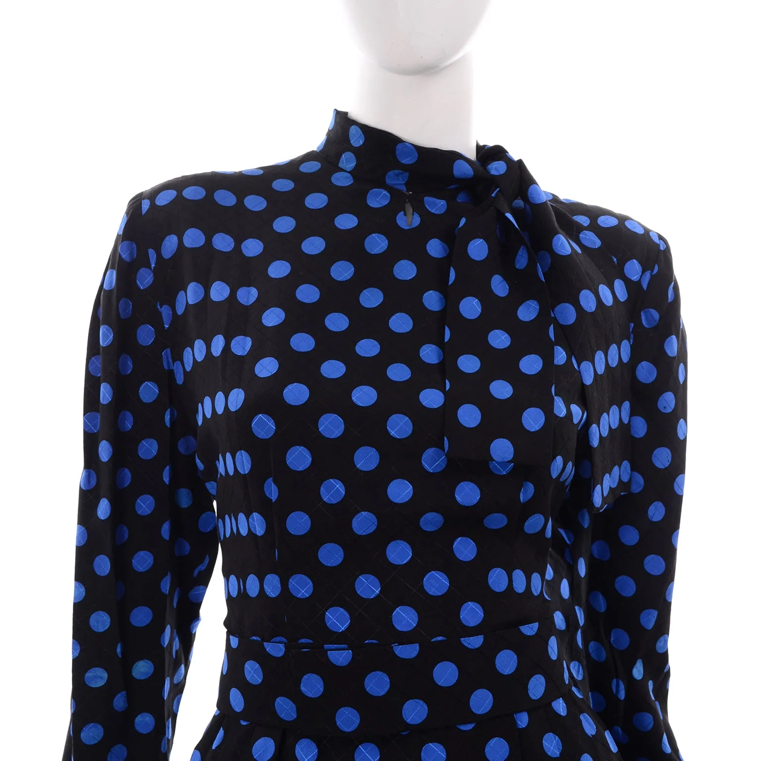 Pauline Trigere Vintage Blue and Black Polka Dot Silk Dress