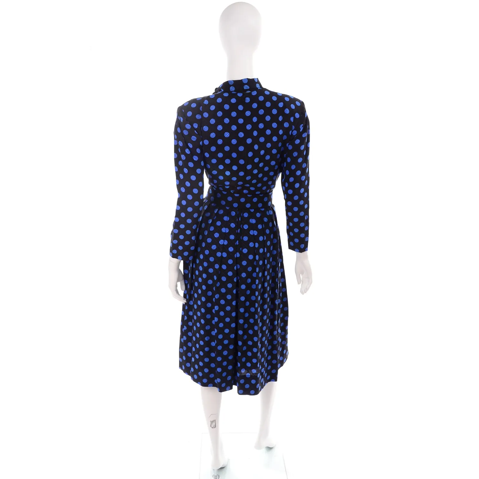 Pauline Trigere Vintage Blue and Black Polka Dot Silk Dress