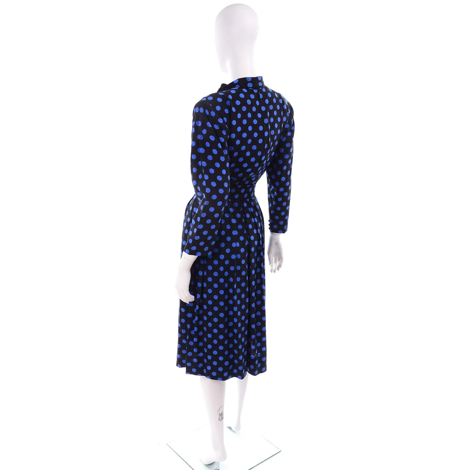 Pauline Trigere Vintage Blue and Black Polka Dot Silk Dress