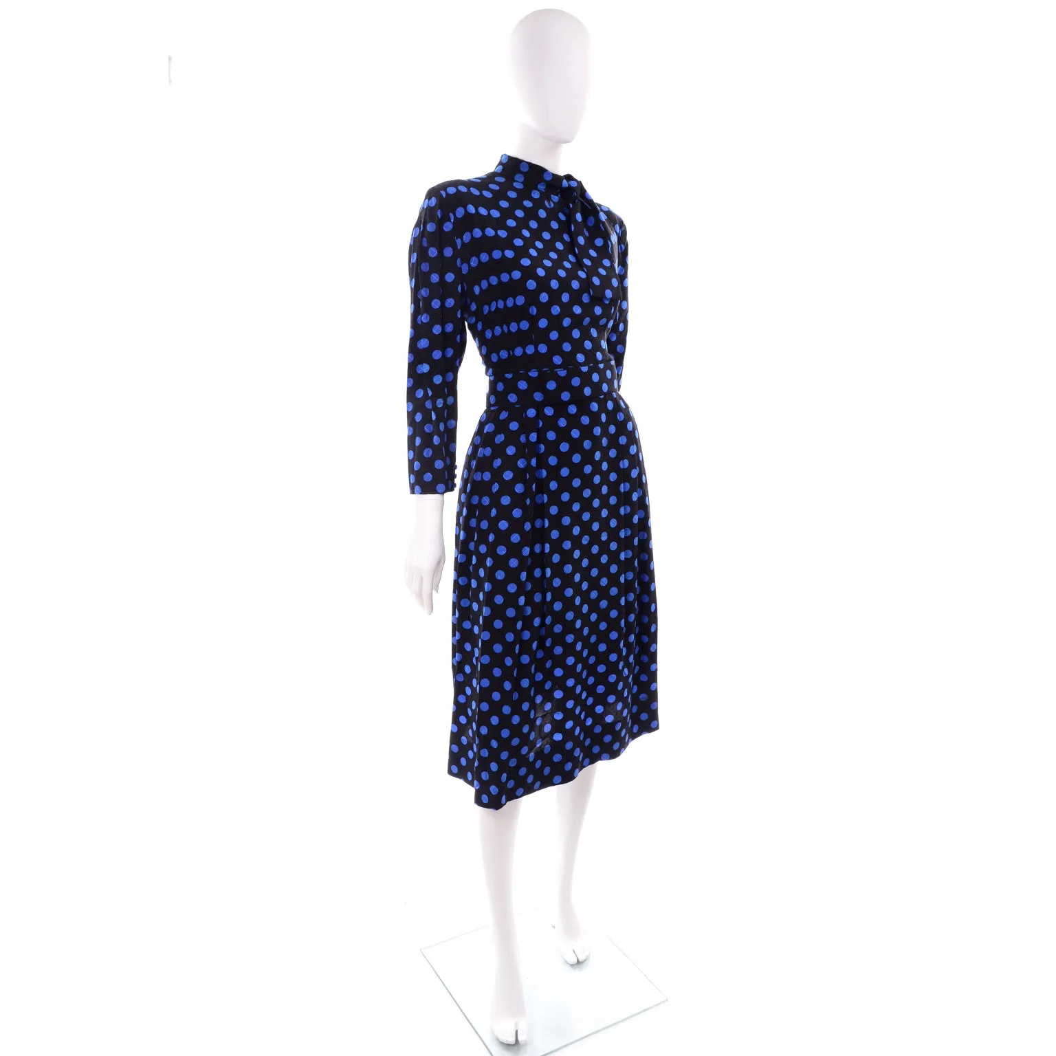 Pauline Trigere Vintage Blue and Black Polka Dot Silk Dress