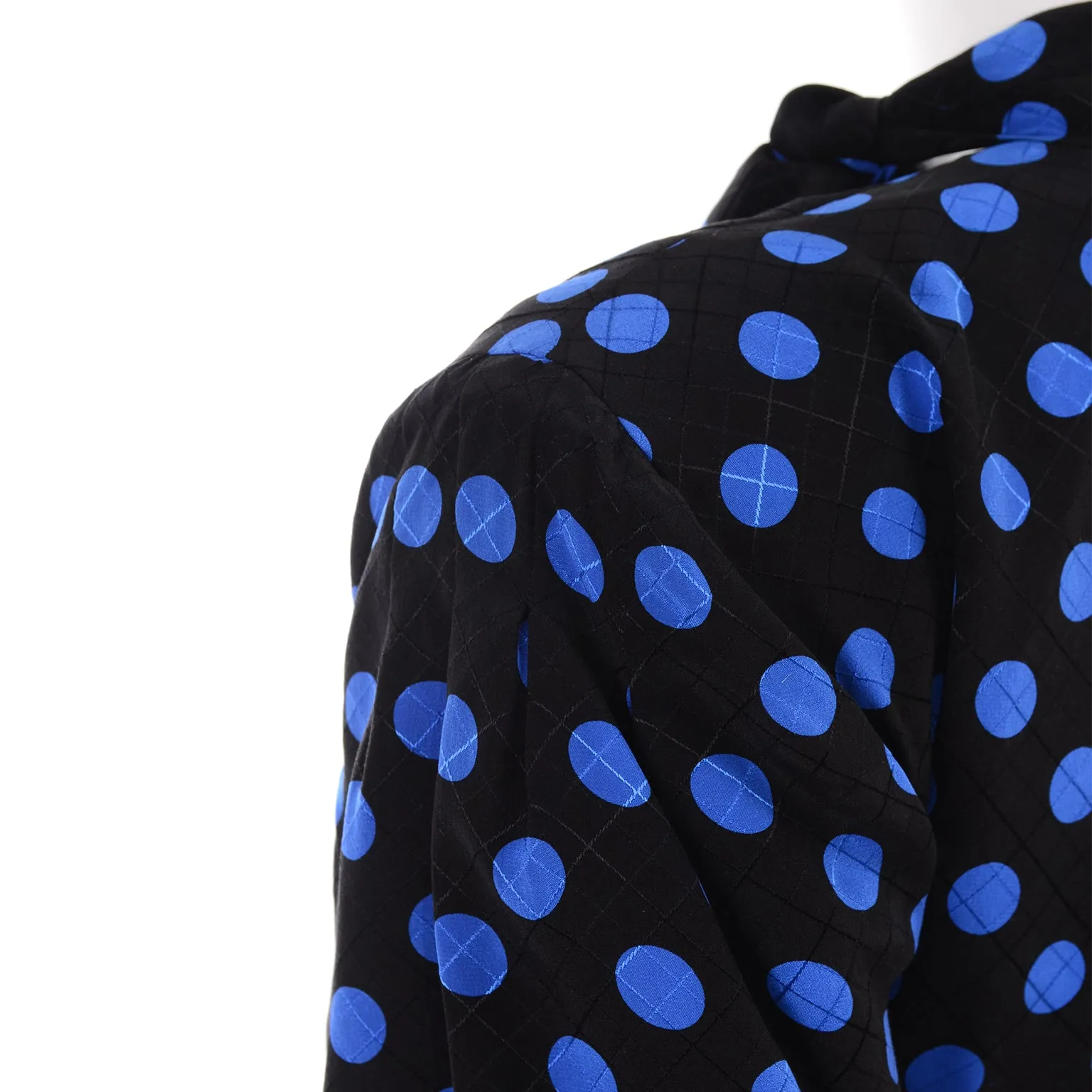 Pauline Trigere Vintage Blue and Black Polka Dot Silk Dress