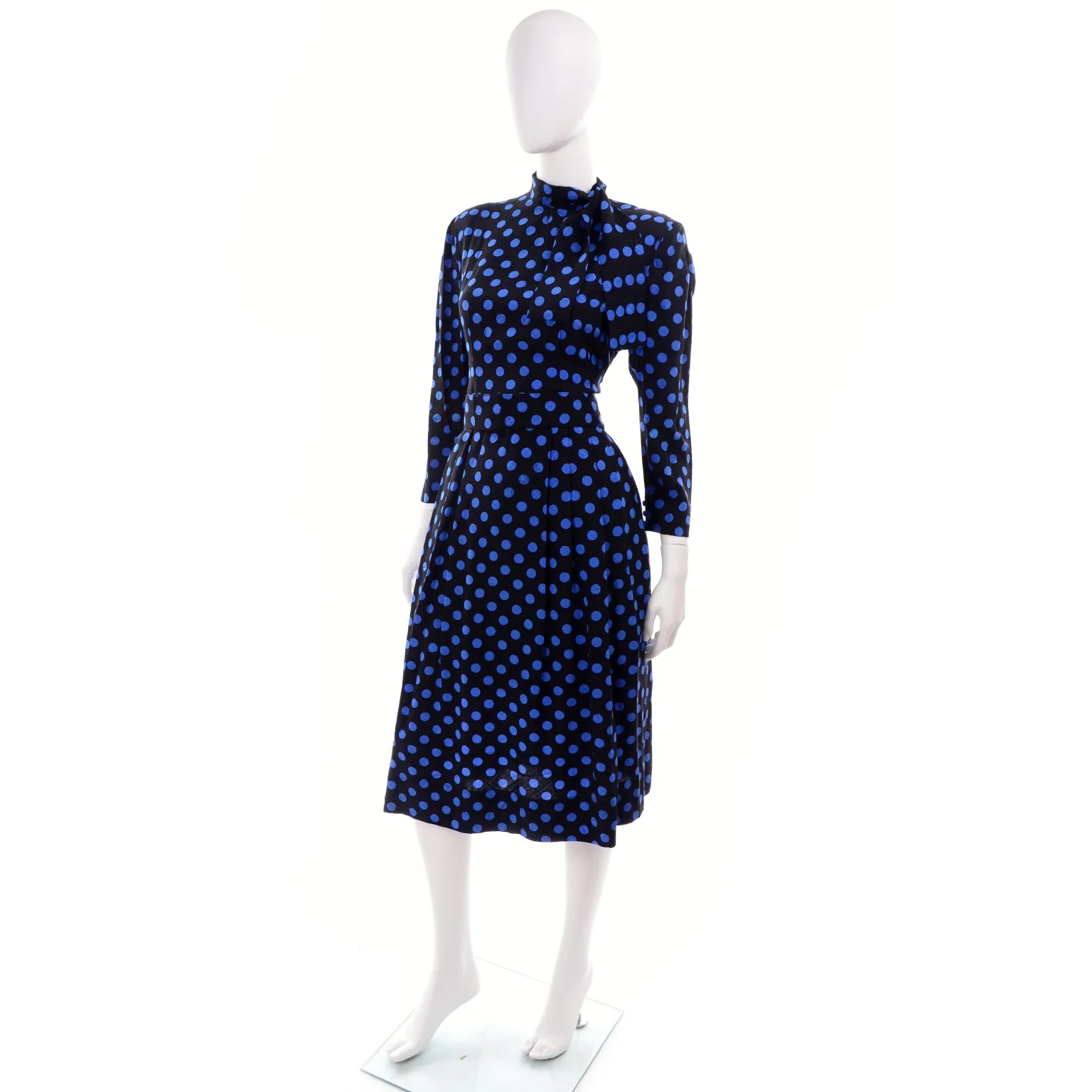 Pauline Trigere Vintage Blue and Black Polka Dot Silk Dress