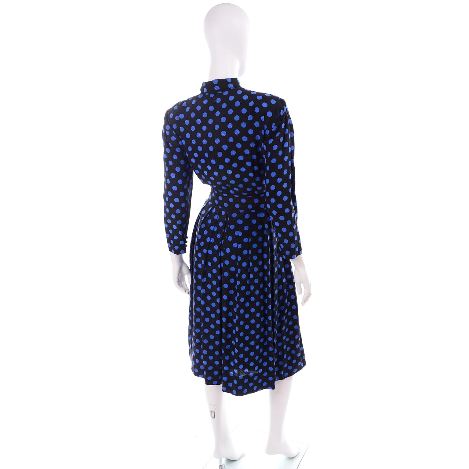 Pauline Trigere Vintage Blue and Black Polka Dot Silk Dress