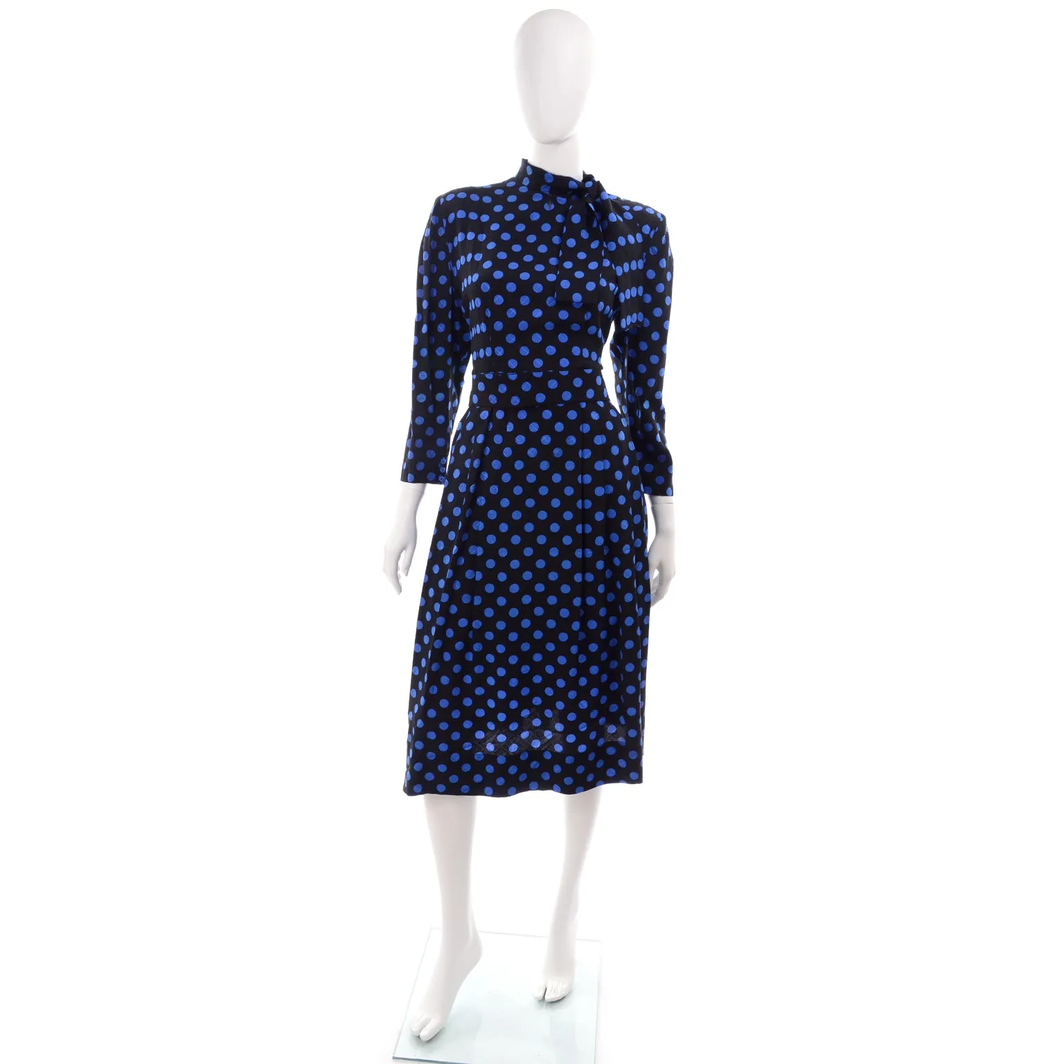 Pauline Trigere Vintage Blue and Black Polka Dot Silk Dress