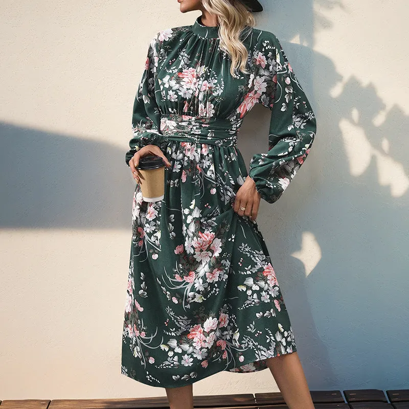 PEOPLETERRITORY New autumn new retro printing temperament elegant high waist dress long sleeve stand-up collar hot sale women's long dress