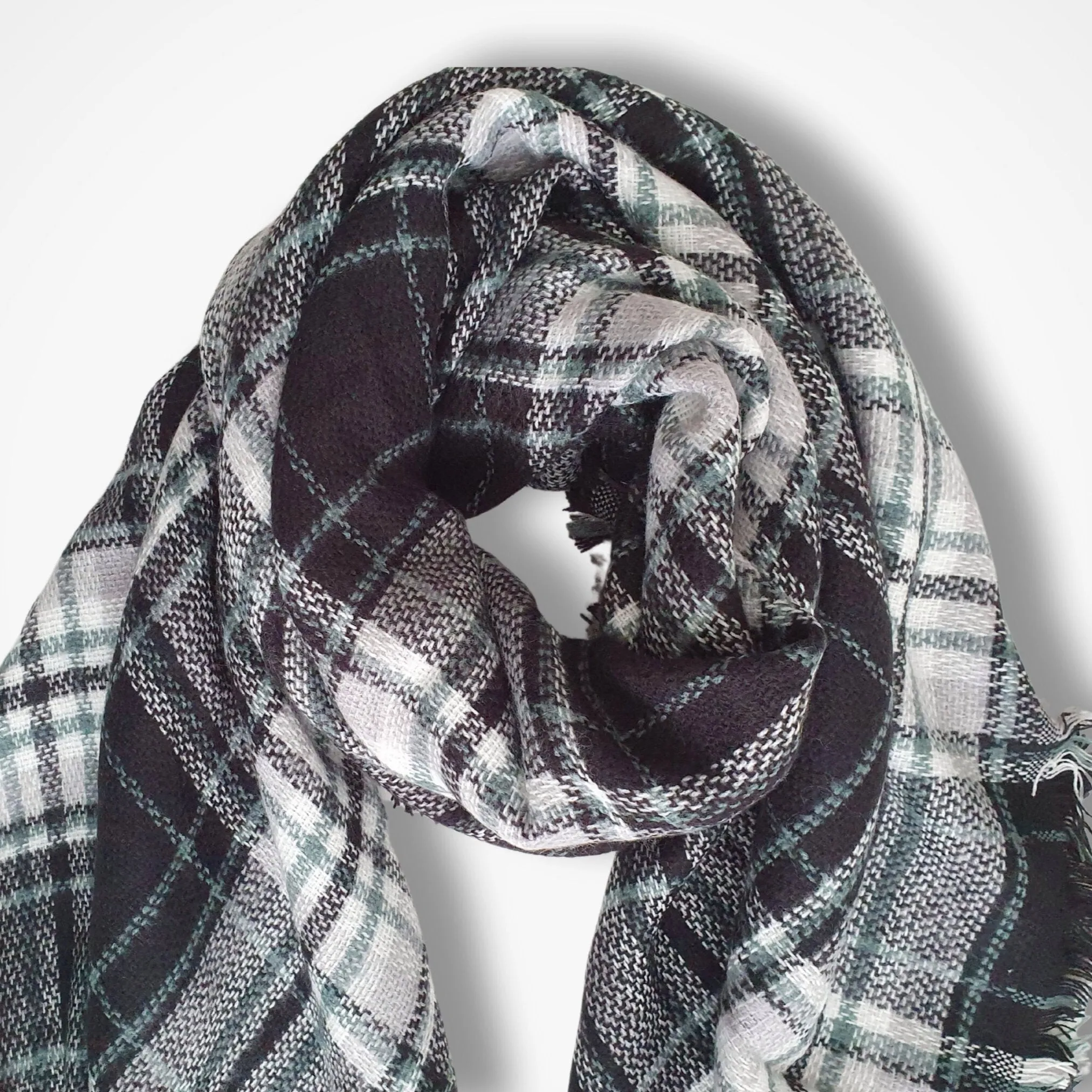 Plaid Blanket Scarf - Black, green and white