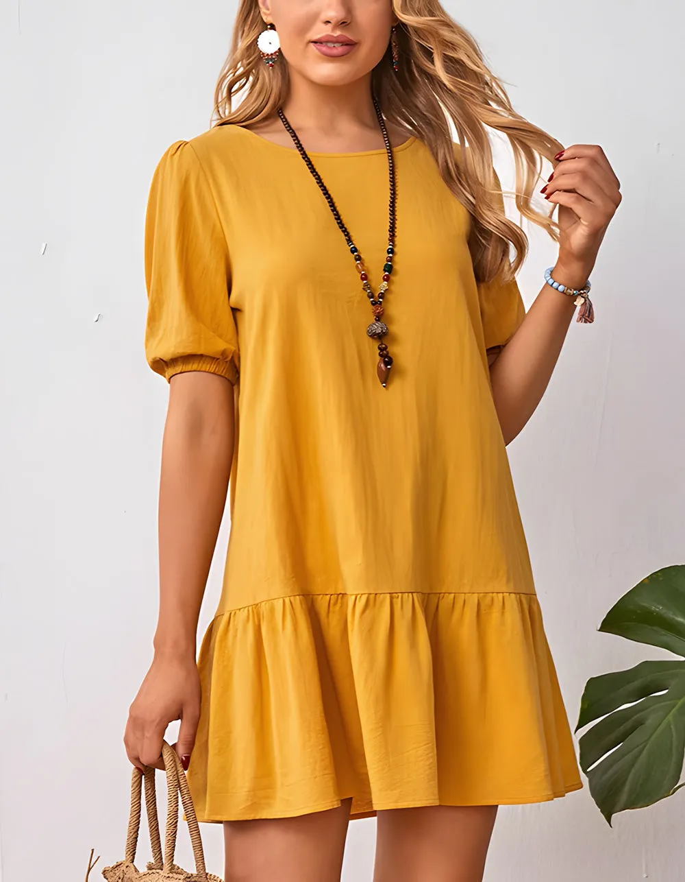 Plain Round Neck Loose Waist Cotton Short A-Line Dresses