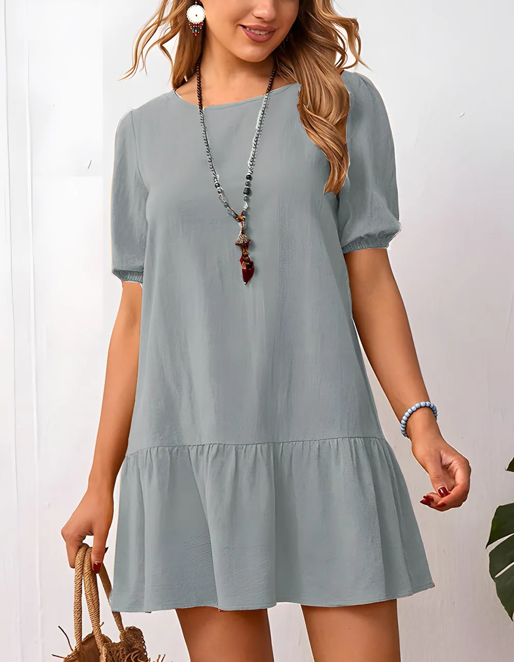 Plain Round Neck Loose Waist Cotton Short A-Line Dresses