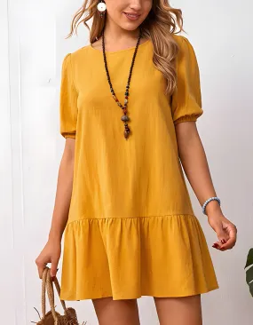 Plain Round Neck Loose Waist Cotton Short A-Line Dresses