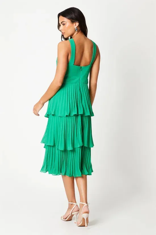 Pleated Bodice Chiffon Tiered Midi Dress