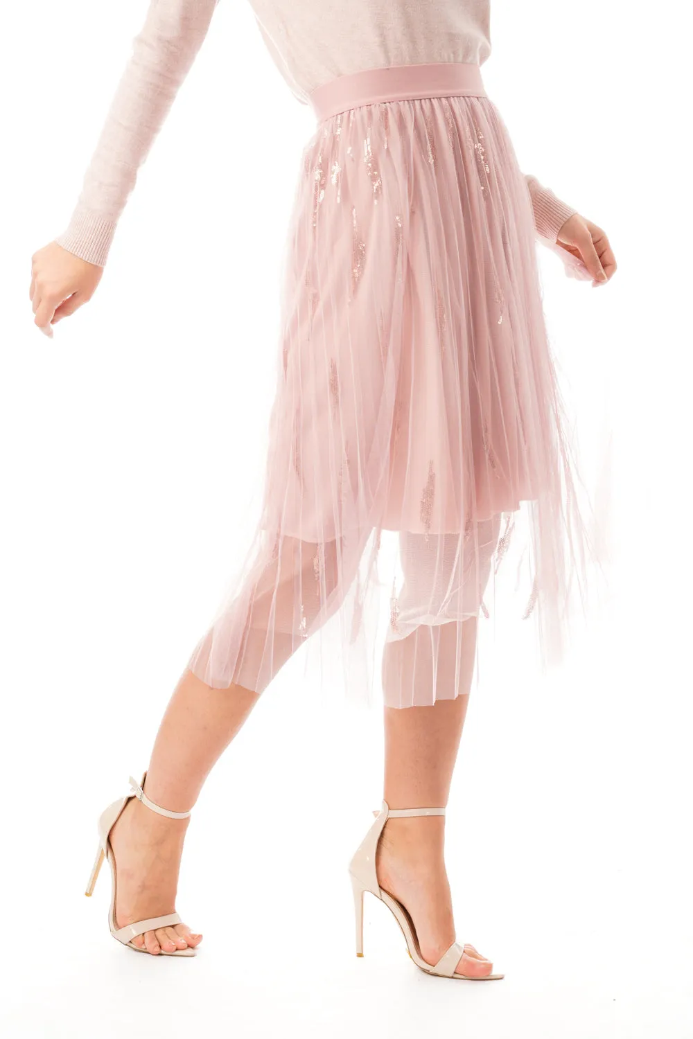 Pleated Mesh Midi Skirt with Feather Sequins