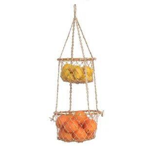 Prairie 2 Tier Jute and Rattan Hanging Storage Basket for Fruits & Vegetables