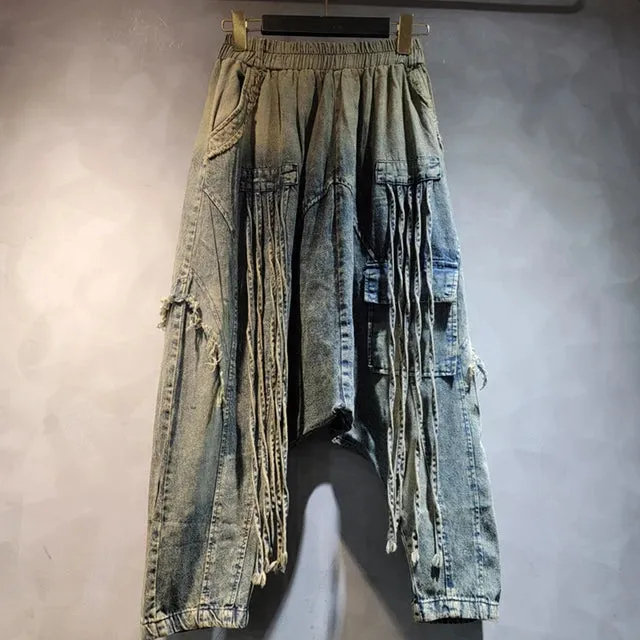 Pre Order: Loose High Elastic Waist Wide Leg Denim Pants