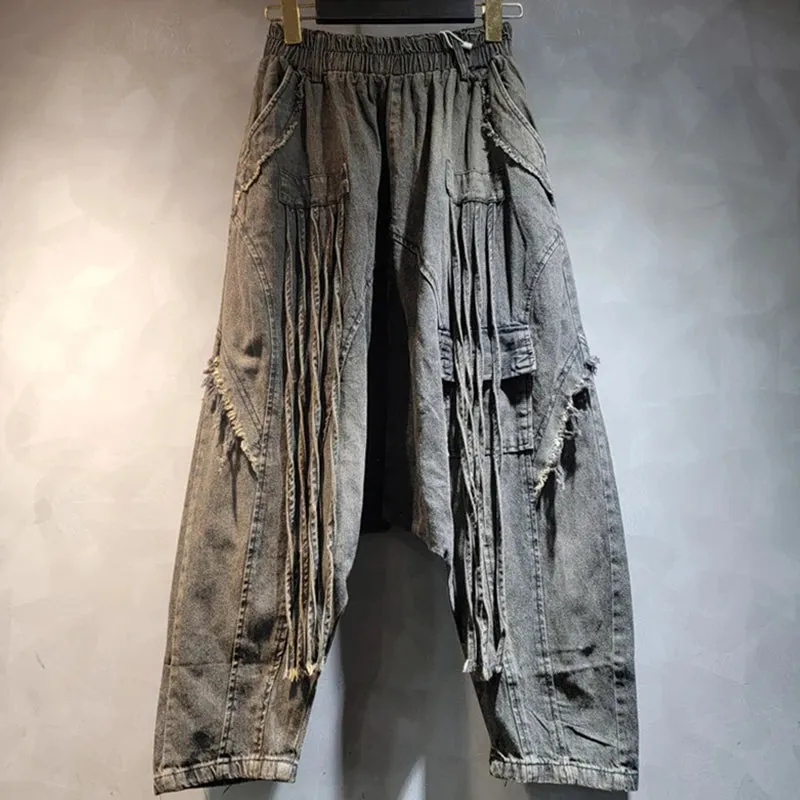 Pre Order: Loose High Elastic Waist Wide Leg Denim Pants