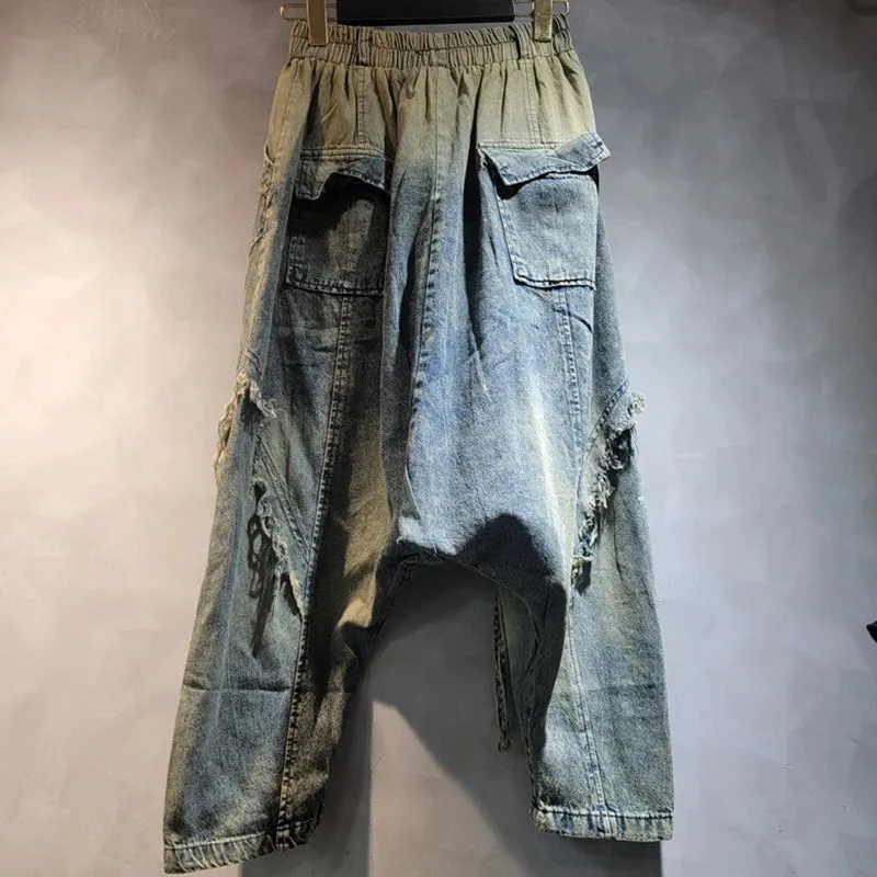 Pre Order: Loose High Elastic Waist Wide Leg Denim Pants