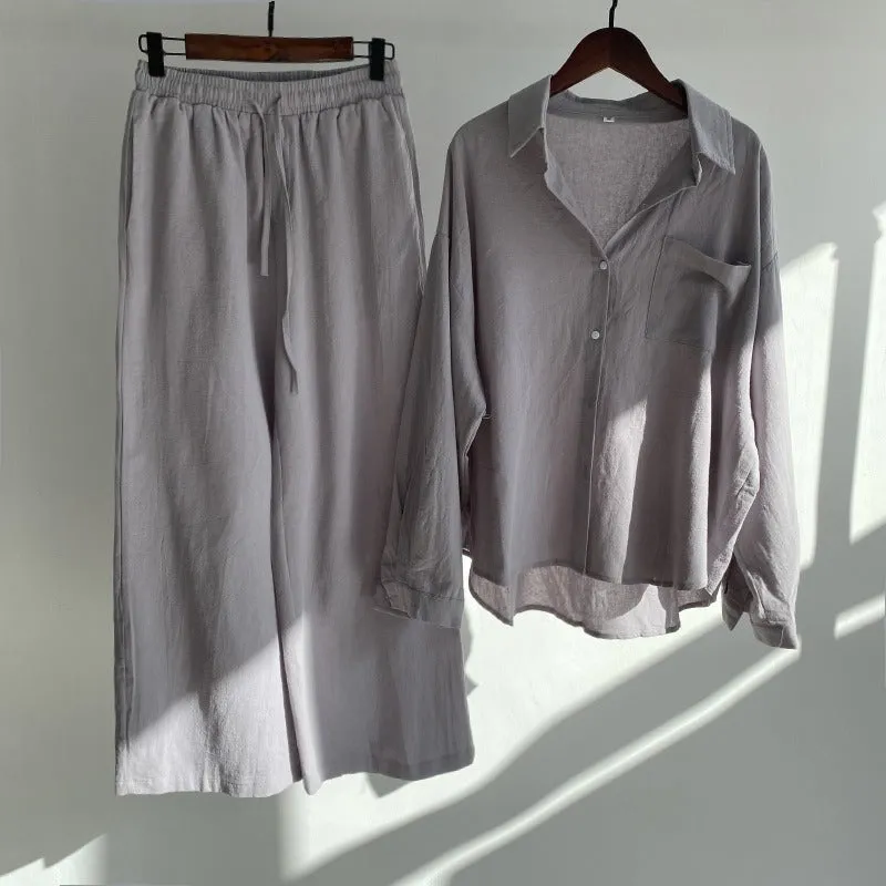 Pre Order:  Solid Long Sleeved Shirt   High Waisted Loose Pants