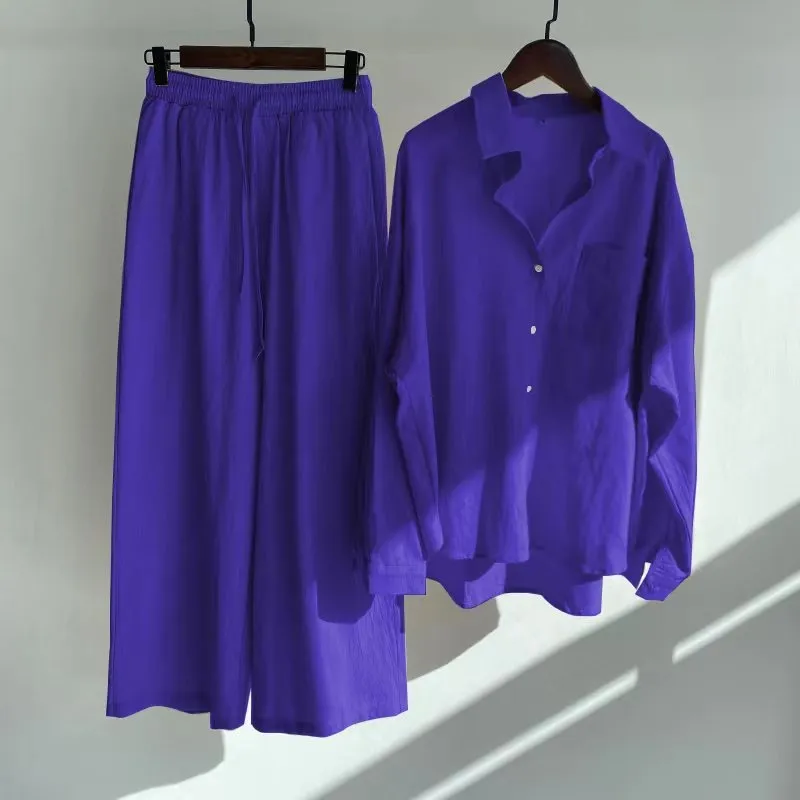 Pre Order:  Solid Long Sleeved Shirt   High Waisted Loose Pants