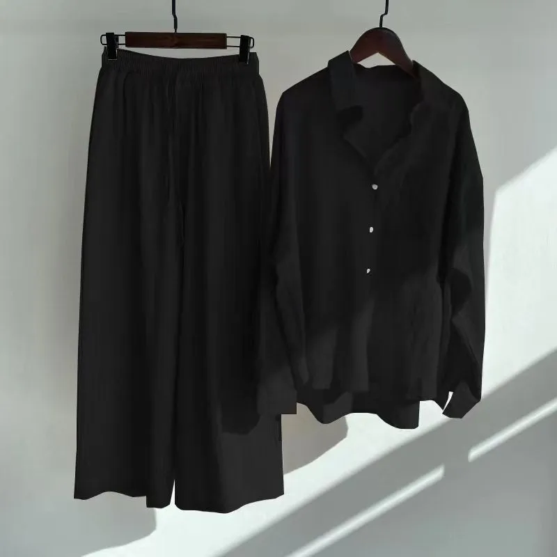 Pre Order:  Solid Long Sleeved Shirt   High Waisted Loose Pants