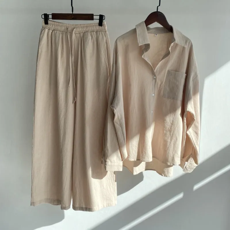 Pre Order:  Solid Long Sleeved Shirt   High Waisted Loose Pants