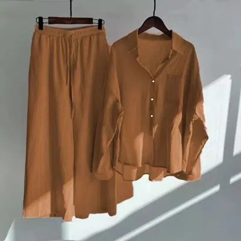 Pre Order:  Solid Long Sleeved Shirt   High Waisted Loose Pants