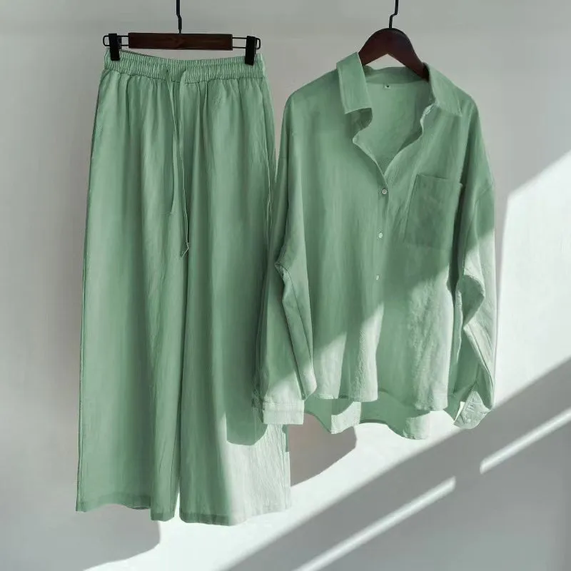 Pre Order:  Solid Long Sleeved Shirt   High Waisted Loose Pants