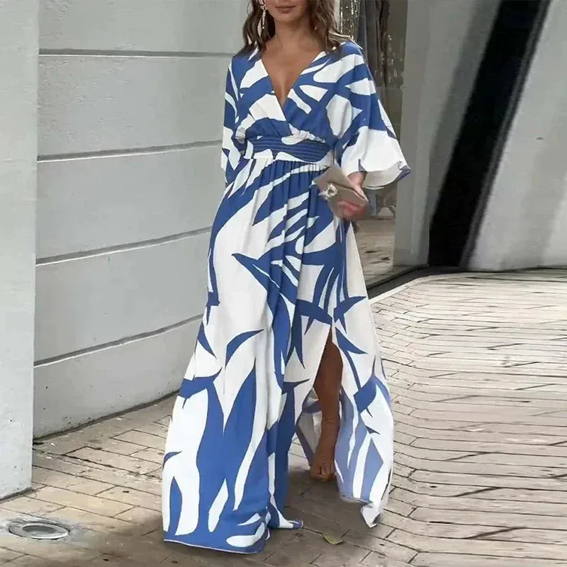 Printed High Waist Spring Slit Hem Commute Deep V-Neck 3/4 Sleeve Office Elegant Elegant Dress