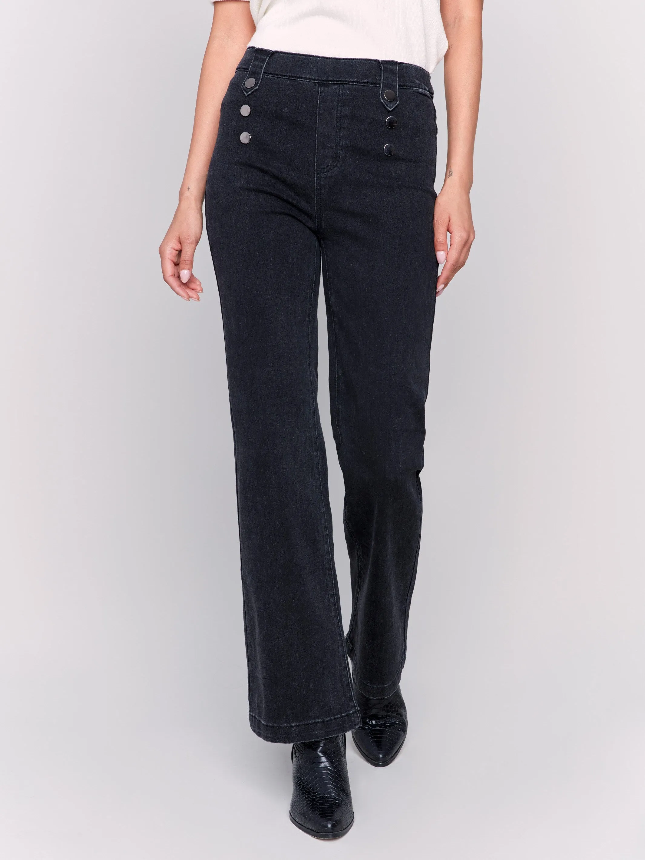 Pull-On Flare Jeans with Front Buttons - Charcoal