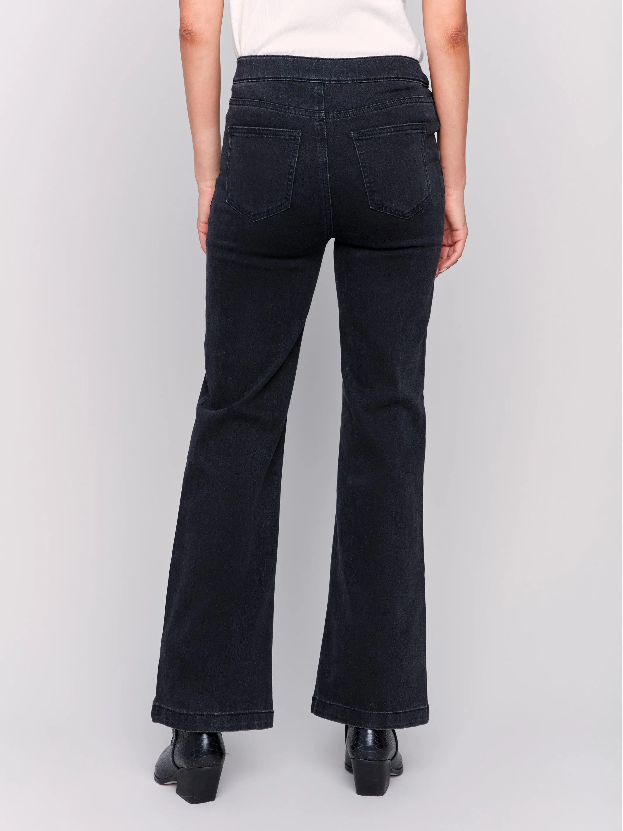 Pull-On Flare Jeans with Front Buttons - Charcoal