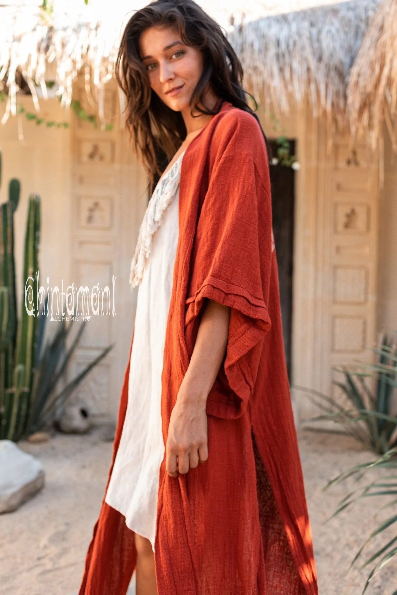 Raw Cotton Kimono Robe with Print / Red Ochre