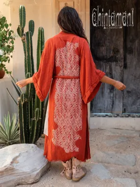 Raw Cotton Kimono Robe with Print / Red Ochre