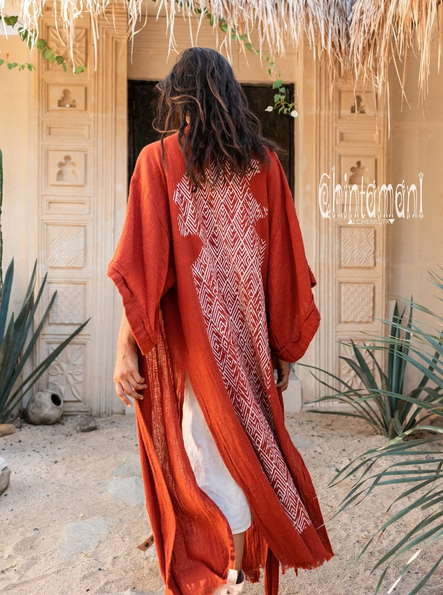 Raw Cotton Kimono Robe with Print / Red Ochre