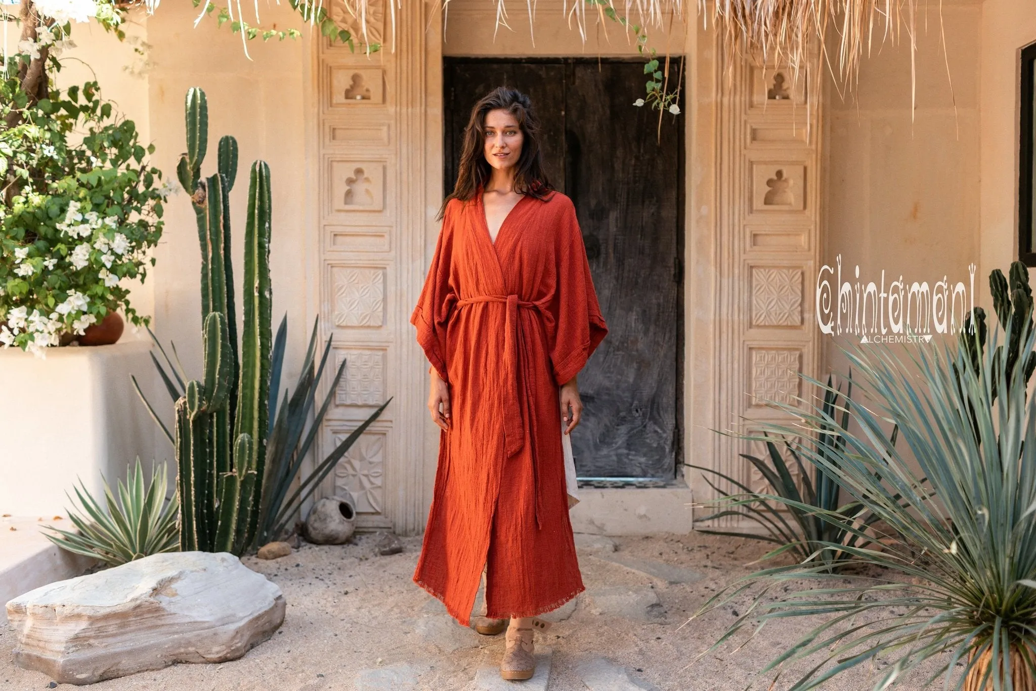 Raw Cotton Kimono Robe with Print / Red Ochre