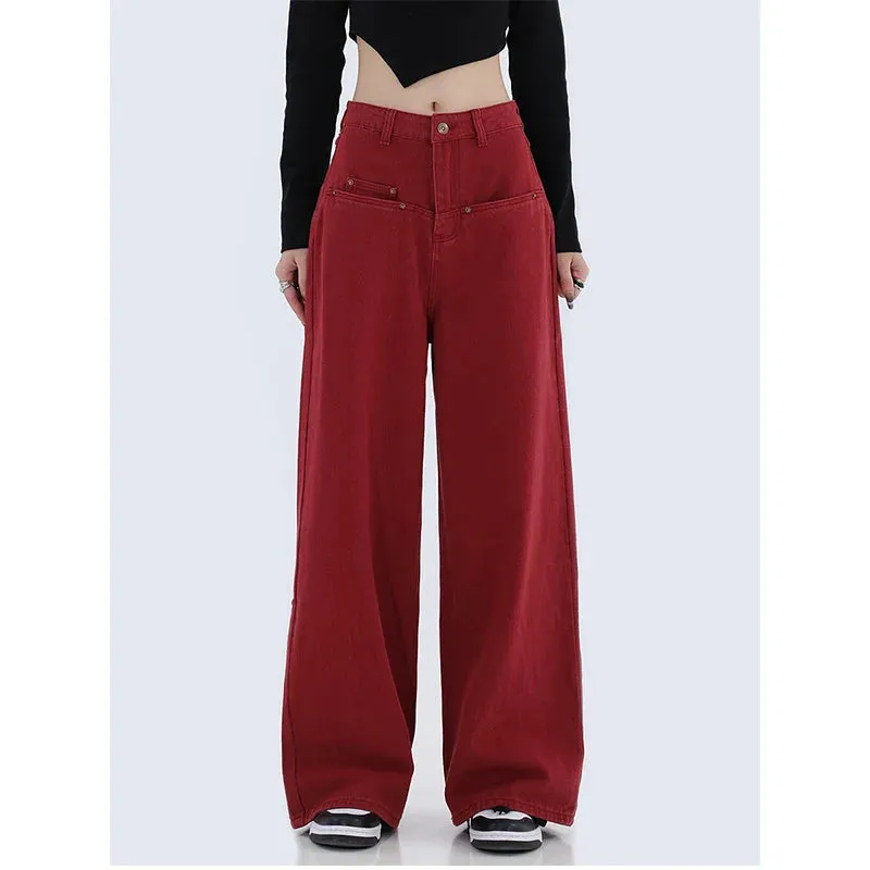 Retro Red High Waist Wide Leg Denim Pants