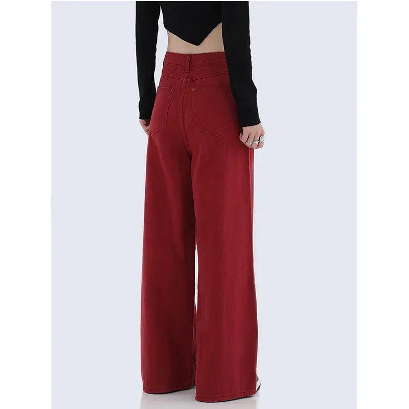 Retro Red High Waist Wide Leg Denim Pants