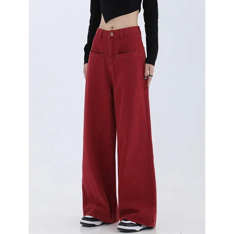 Retro Red High Waist Wide Leg Denim Pants