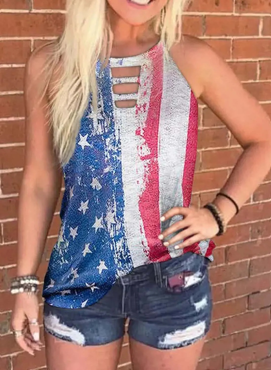 RETRO STYLE STAR SPANGLED FLAG PRINT SMALL V-NECK DEEP V HORIZONTAL STRIPE SLEEVELESS WOMEN'S T-SHIRT