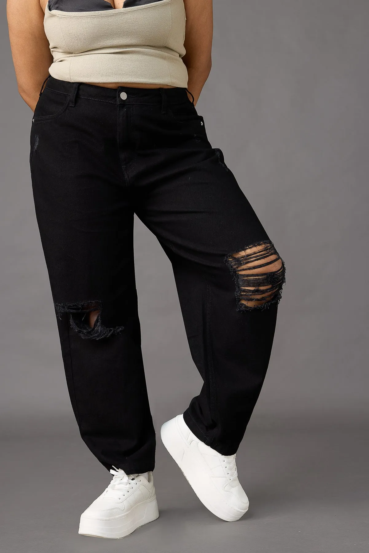 Rocker Rebel Curve Relaxed Fit Torn Black Jeans