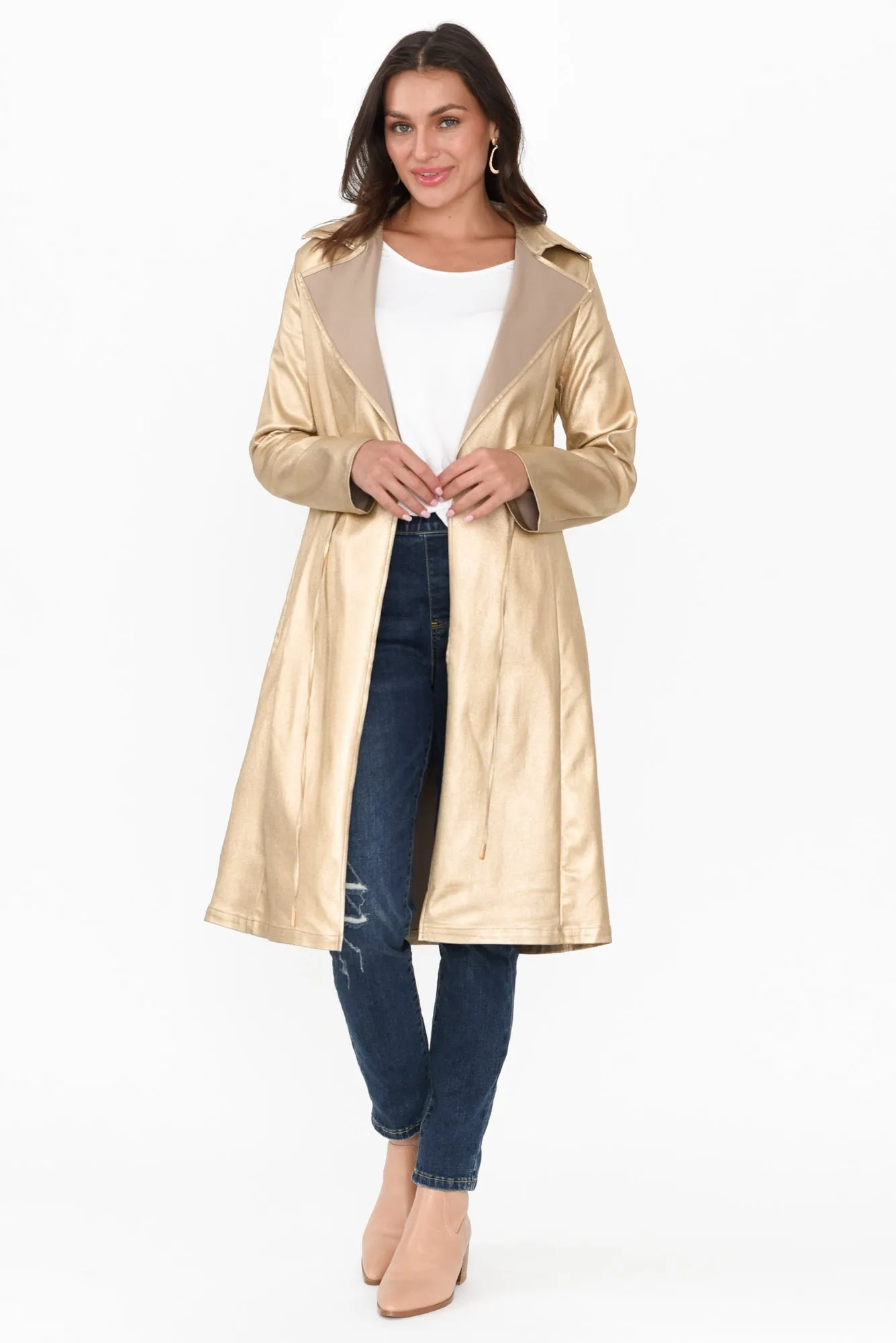 Rois Gold Faux Leather Trench Coat