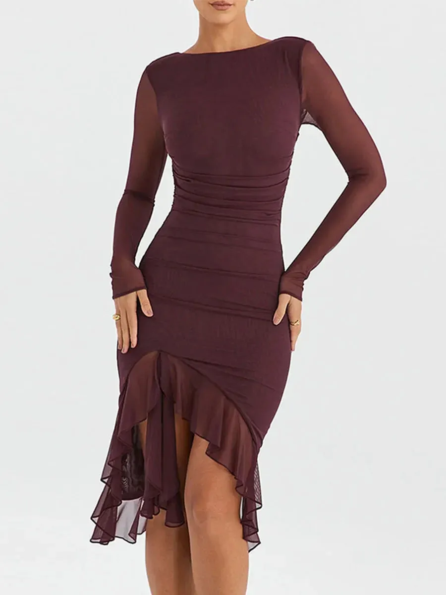 Ruched Bodycon Midi Mesh Long Sleeve Ruffle Hem Elegant Cocktail Party Casual Mermaid Dress