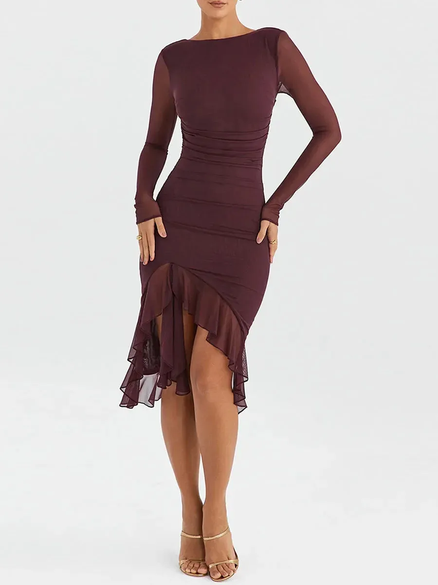 Ruched Bodycon Midi Mesh Long Sleeve Ruffle Hem Elegant Cocktail Party Casual Mermaid Dress