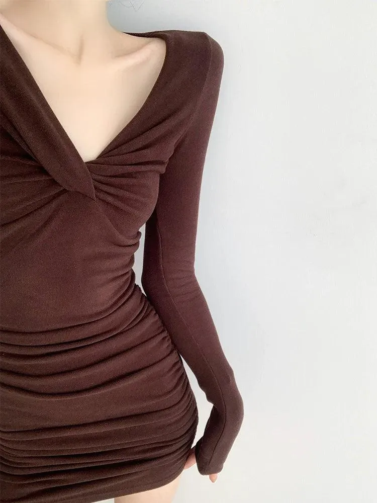 Ruched Coffee V-neck Dress: Sophisticated Elegance