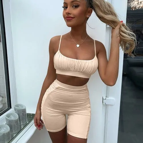 Ruched Two Piece Set Double Layers Crop Tops Biker Shorts