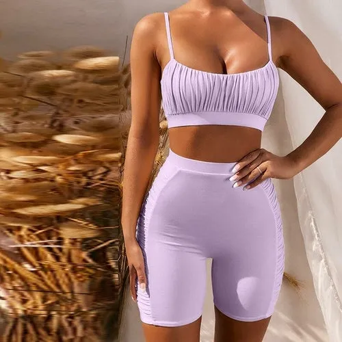 Ruched Two Piece Set Double Layers Crop Tops Biker Shorts