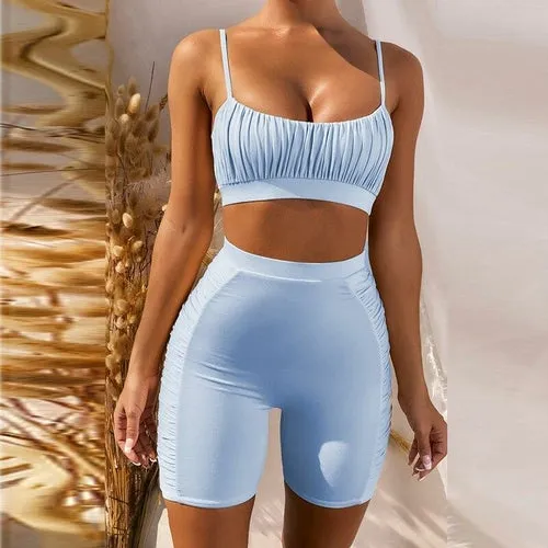 Ruched Two Piece Set Double Layers Crop Tops Biker Shorts