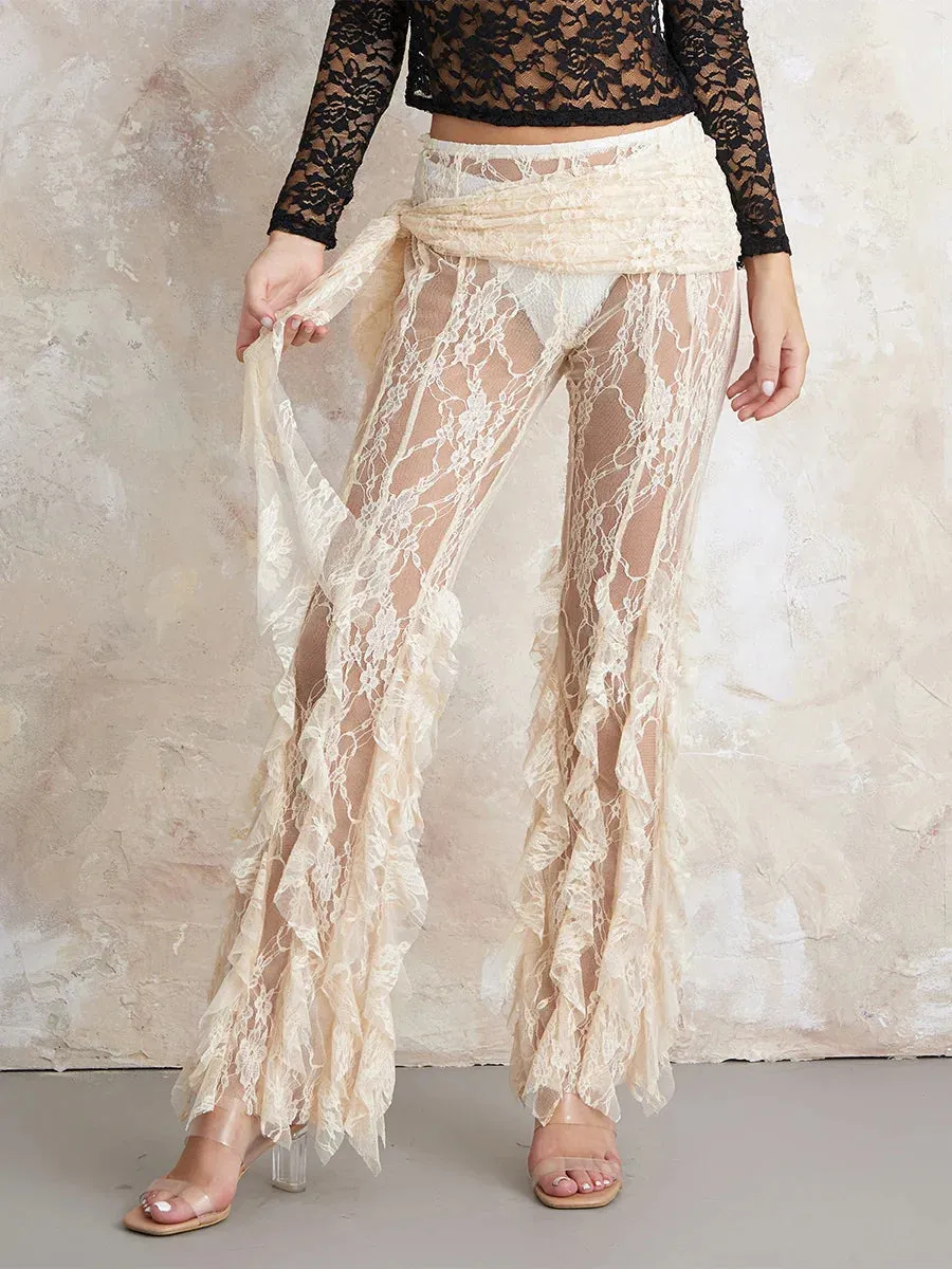 Ruffle Sheer Floral Party Elegant Irregular Pants