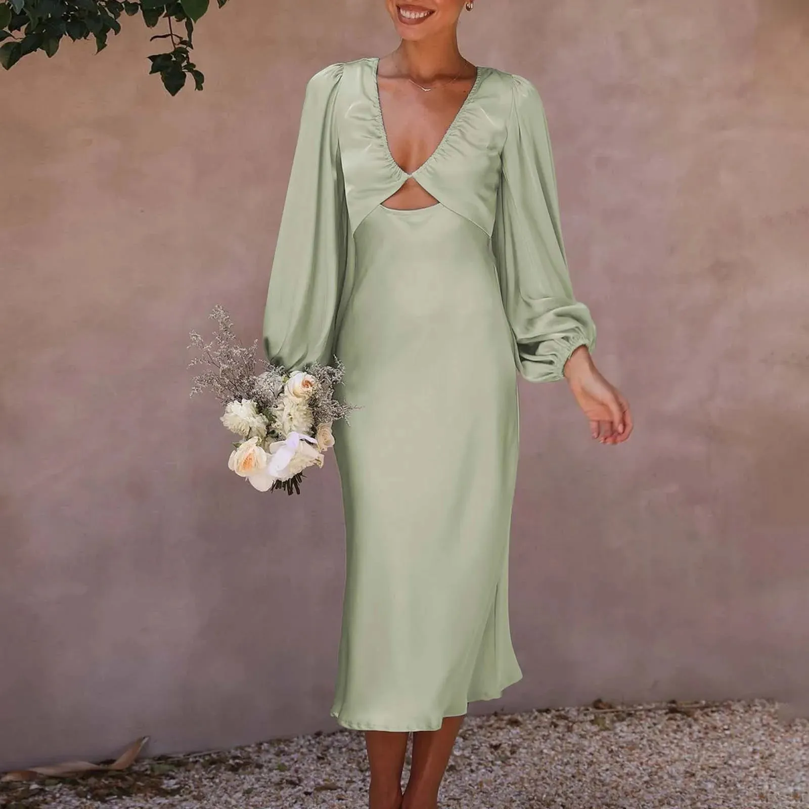 Satin Temperament Long Sleeve Backless Sweet Evening Party Wedding Midi Elegant Dress